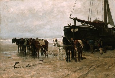 Holandés: Bomschuit con caballos de remolque en la playa de Scheveningen Barco de pesca con caballos de remolque en la playa de Scheveningen de Anton Mauve