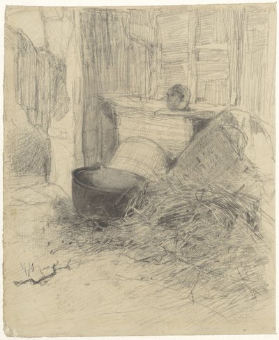 Interior de un granero con paja y objetos diversos de Anton Mauve