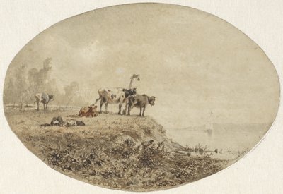Vacas junto al agua, un velero en la distancia de Anton Mauve