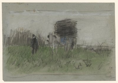 Hombre con caballo y carro en las dunas de Anton Mauve
