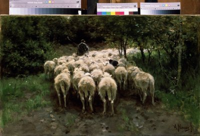 Ovejas en el bosque. Ovejas en el bosque. Pastor con un rebaño de ganado visto desde atrás. Pintura de Anton Mauve (1838-1888). Óleo sobre tela. pintura holandesa. Museo Pushkin de Bellas Artes, Moscú de Anton Mauve