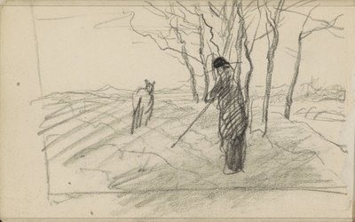 Hombre de pie con un bastón y un animal en un campo arado de Anton Mauve