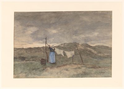 Mujer cerca de un tendedero en las dunas de Anton Mauve