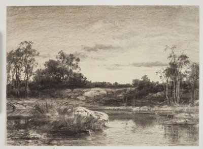 Paisaje con un río o lago en primer plano de Anton Melbye