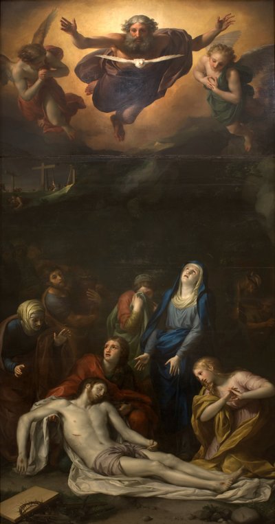 El Descendimiento de la Cruz - Entre los personajes representados alrededor del cuerpo de Jesucristo: San José de Arimatea, San Nicodemo, Santa María Magdalena, la Virgen María y San Juan Evangelista - Representación de la Santísima Trinidad (Dios, Jesús C de Anton Raphael Mengs