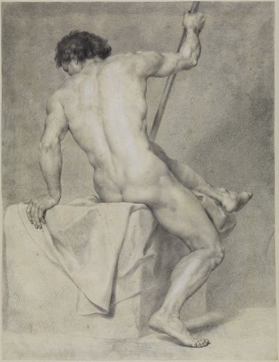 Desnudo masculino sentado, visto de espaldas, apoyándose en el lado izquierdo y sosteniendo un bastón en el derecho de Anton Raphael Mengs