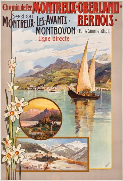 Cartel publicitario de los viajes en tren Montreux-Oberland-Bernois, c. 1910 de Anton Reckziegel