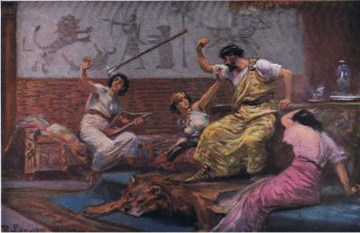 Saúl lanza su jabalina a David, de la Historia de la Biblia de Hulbert publicada por The John Winston Company, 1932 de Anton Robert Leinweber