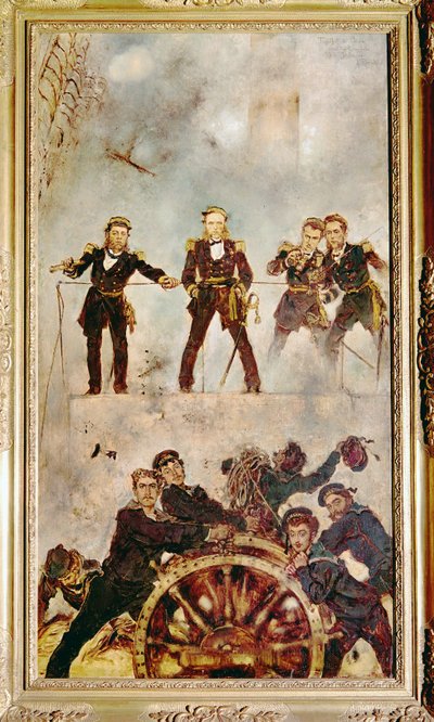El almirante Wilhelm Tegethoff en el puente del SMS Archiduque Fernando Max, durante la batalla de Lissa contra la flota italiana ... (pintura sobre lienzo) de Anton Romako