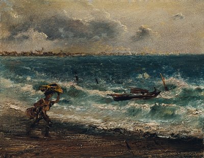 Niño pescador en la playa del mar de Anton Romako