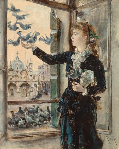 Chica en una ventana que da a la Plaza de San Marcos, alimentando palomas de Anton Romako