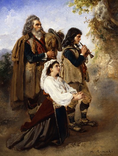 Paganos ante el altar; Pifferar vor einem Altar de Anton Romako