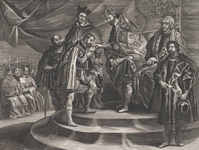 Placa 25: Felipe coronado Rey de España por su padre, Carlos V, de Guillielmus Becanus, 1636 de Anton van der Does