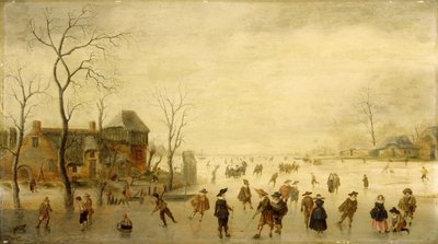 Paisaje de invierno con patinadores, jugadores de golf y campesinos en vías fluviales congeladas de Antoni  Verstralen
