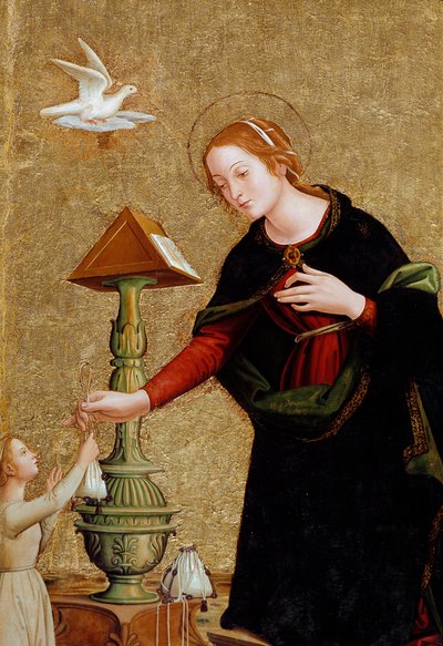 Detalle de la Virgen, de la Anunciación con el cardenal Juan de Torquemada (c.1460) de Antoniazzo Romano