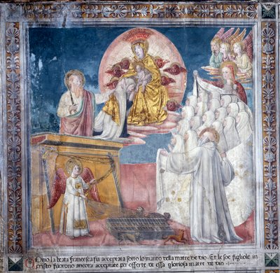 Vida de Santa Francesca Romana: 1 de marzo de 1433, Francesca en una visión es tomada por la Madre de Dios bajo su manto de Antoniazzo Romano