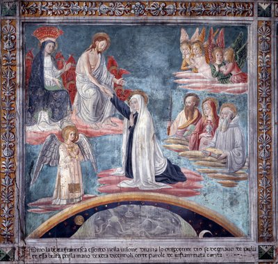 Vida de Santa Francesca Romana: Durante un éxtasis, el Divino Redentor toma a Francesca de la mano derecha de Antoniazzo Romano
