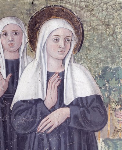 Vida de Santa Francesca Romana: En su regreso de la Basílica de San Pablo, la santa fue arrebatada en éxtasis, en un arroyo pero se levantó perfectamente seca (detalle) de Antoniazzo Romano