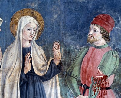 Vida de Santa Francesca Romana: En su regreso de San Juan de Letrán, la santa cura a un hombre con el brazo cortado (detalle) de Antoniazzo Romano