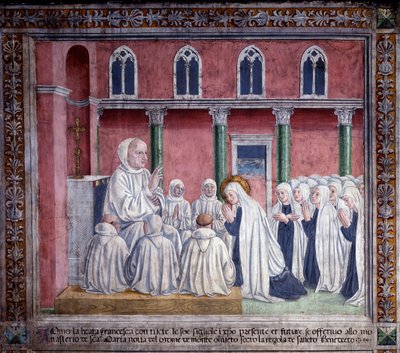 Vida de Santa Francesca Romana: La santa y las oblatas se ofrecen a la orden benedictina y se establecen en la iglesia de Santa Maria Nova, Roma (fresco) de Antoniazzo Romano