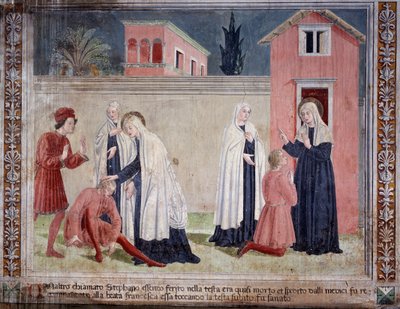 Vida de Santa Francesca Romana: La santa cura a un hombre herido en la cabeza de Antoniazzo Romano