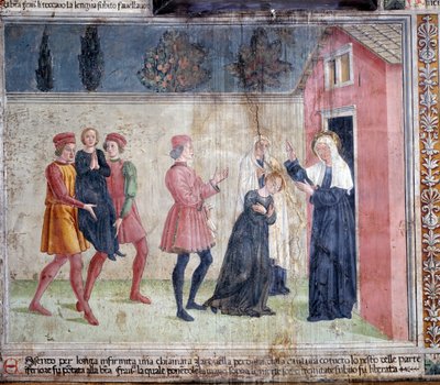 Vida de Santa Francesca Romana: La santa se encuentra con una mujer paralítica llamada Jacobella y promete sanarla de Antoniazzo Romano