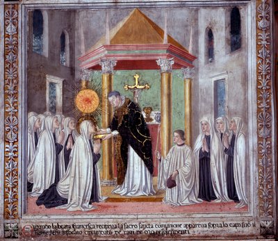 Vida de Santa Francesca Romana: Cuando la santa recibía la Comunión, apareció un orbe brillante sobre ella (fresco) de Antoniazzo Romano