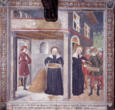 Vida de Santa Francesca Romana: durante una grave hambruna en 1402, Francesca da todo su grano a los pobres de Antoniazzo Romano