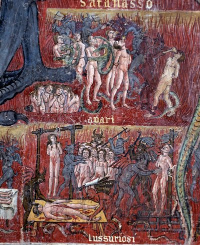 El diablo en el infierno, detalle del círculo de la lujuria y la avaricia de Antoniazzo Romano