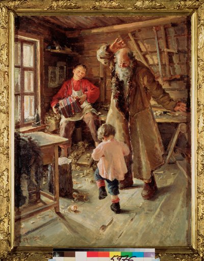 A Merry Moment (En el taller de un carpintero, un niño toca el acordeón para hacer bailar a una niña y a un anciano) - A Merry Moment - Pintura de Antonina Leonardovna Rzhevskaya (1861-1934), óleo sobre lienzo de Antonina Leonardov Rzhevskaya