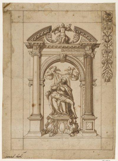 Diseño para un estandarte procesional con una Pietà bajo una arquitectura de altar elaborada en forma de arco triunfal y parte del diseño del borde en la esquina superior derecha de Antonio Aliense