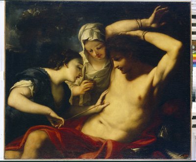 San Sebastián (mártir principios del siglo IV), Santa Irene (de Roma, mártir en el 304) y Santa Lucía (de Siracusa, mártir hacia el 303 o 310) (Los Santos Sebastián, Irene y Lucía) - Pintura de Antonio Balestra (1666-1740) ), óleo sobre lienzo - Arte itali de Antonio Balestra