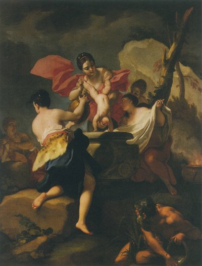 Tetis sumergiendo al infante Aquiles en el agua del Estigia de Antonio Balestra