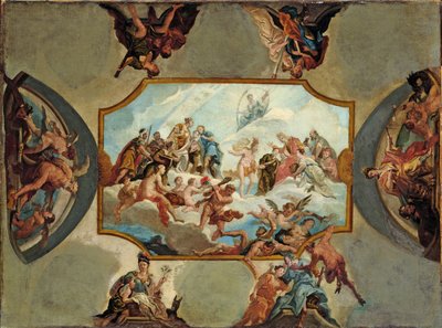 Reverencia a Johann Wilhelm, Elector Palatino. Diseño para una pintura de techo para el Castillo de Bensberg, 1709 de Antonio Bellucci