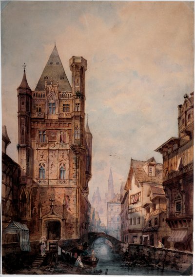 Vista de un canal en una ciudad normanda. Acuarela de Antonio Bernasconi (siglo XIX). Genes, Galleria d