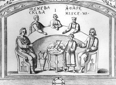 Escena de banquete de un fresco de catacumba cristiana temprana en Roma, ilustración de 