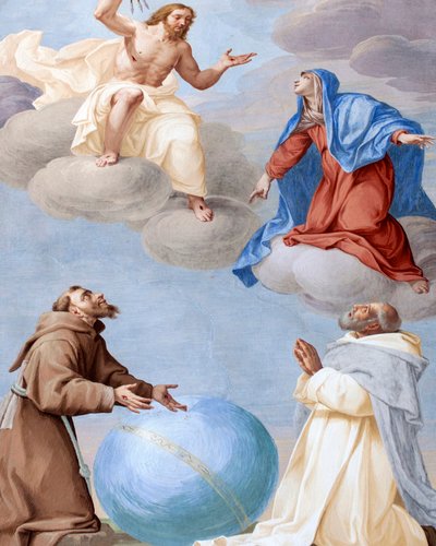 San Francisco, San Damián y María intercediendo por la humanidad convenciendo a la Justicia Divina de no disparar sus flechas al mundo, fresco de Antonio Busca (1625-1684), Capilla 20, San Francisco canonizado por el Papa Gregorio IX de Antonio Busca