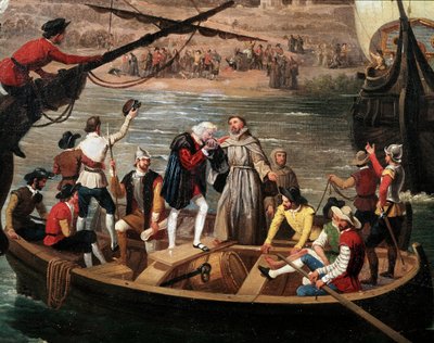 Salida de la Santa María, la Pinta y la Niña de Palos en 1492 (detalle) de Antonio Cabral Bejarano