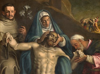 Transepto norte, Altar de la Deposición, Deposición de Cristo apoyado por la Virgen y los Santos Raimundo y Antonio de Padua, Antonio Campi 1566, (detalle) de Antonio Campi