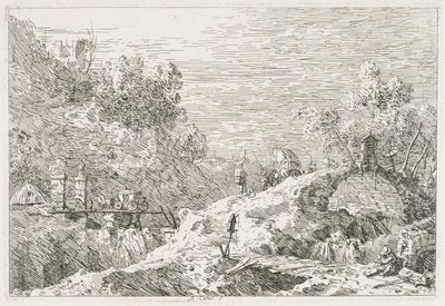 Vistas: Paisaje montañoso con cinco puentes de Antonio Canaletto