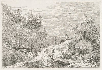 Vistas: Paisaje montañoso con cinco puentes de Giovanni Antonio Canal