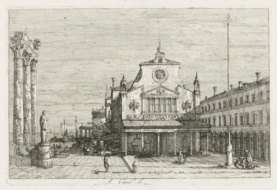 Vistas: Tres columnas y una estatua en la costa de Antonio Canaletto