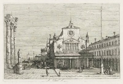 Vistas: Tres columnas y una estatua en la costa del mar, 1735-1746 de Giovanni Antonio Canal