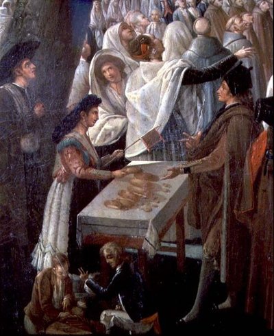 Subida de un globo aerostático en Madrid, detalle de un puesto de comida entre la multitud (óleo sobre lienzo) de Antonio Carnicero