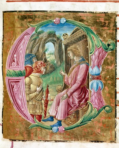 Herodes I el Grande (73-4 a.C.) ordenando la masacre de inocentes. Letra iluminada por Antonio Cicognari. Detalle de un antifonario. 1483. Cremona, coral 4, capítulo del duomo de Antonio Cicognara