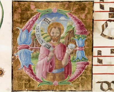 San Juan Bautista. Letra iluminada por Antonio Cicognari. Detalle de un antifonario. 1483. Cremona, coral 4, capítulo del duomo de Antonio Cicognara