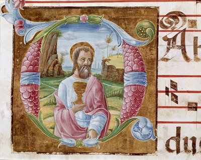 San Juan Evangelista. Letra iluminada por Antonio Cicognari. Detalle de un antifonario. 1483. Cremona, coral 4, capítulo del duomo de Antonio Cicognara