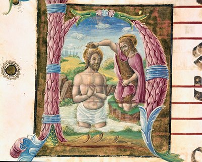 El bautismo de Cristo. Letra iluminada por Antonio Cicognari. Detalle de un antifonario. 1483. Cremona, coral 4, capítulo del duomo de Antonio Cicognara