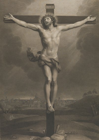 Cristo en la cruz, una ciudad al fondo, después de Reni, 1850-88 de Antonio Dalco