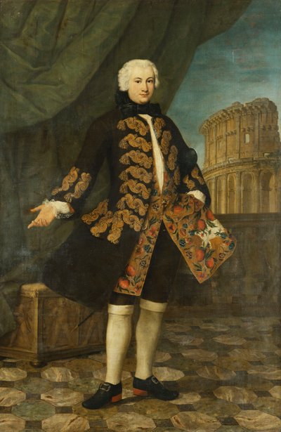 Retrato de William Perry, de 21 años, de pie, de cuerpo entero, con un abrigo marrón bordado en oro, junto a una balaustrada, con el Coliseo al fondo de Antonio David